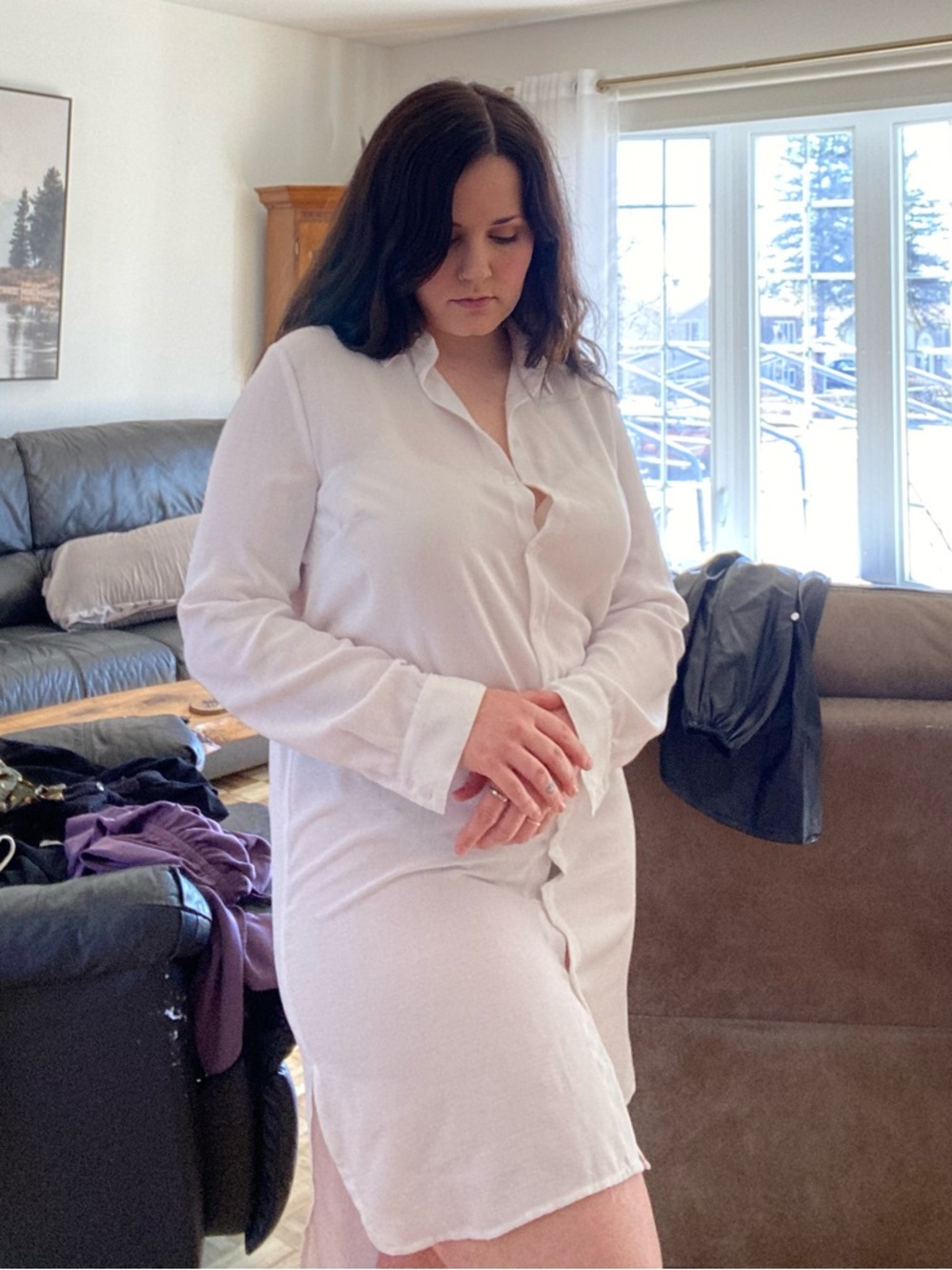 Women's Long Sleeve Button-Front White Dress
